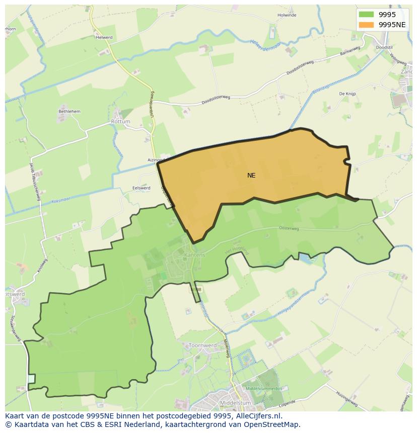 Afbeelding van het postcodegebied 9995 NE op de kaart.