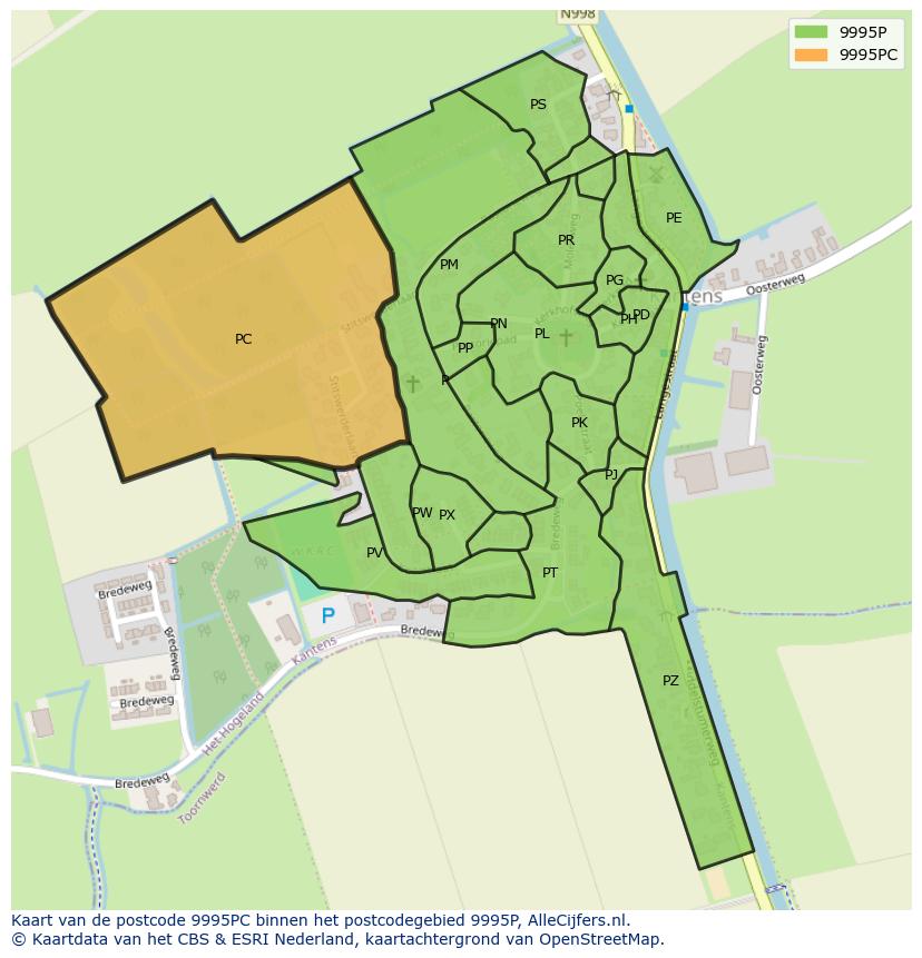 Afbeelding van het postcodegebied 9995 PC op de kaart.