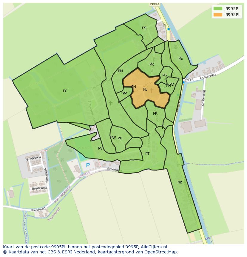 Afbeelding van het postcodegebied 9995 PL op de kaart.