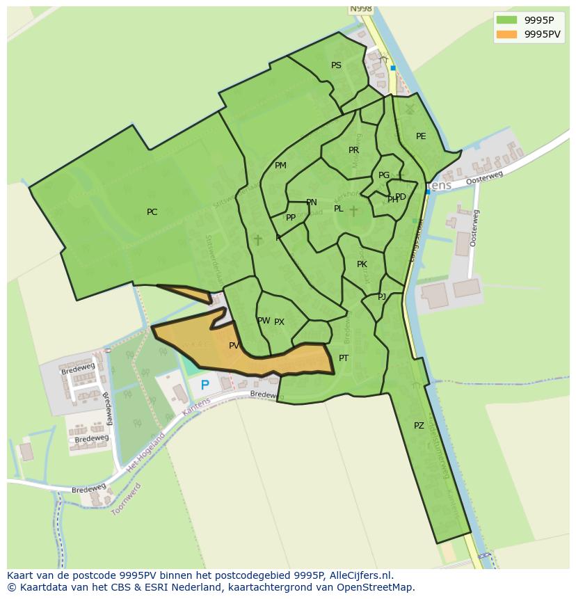Afbeelding van het postcodegebied 9995 PV op de kaart.