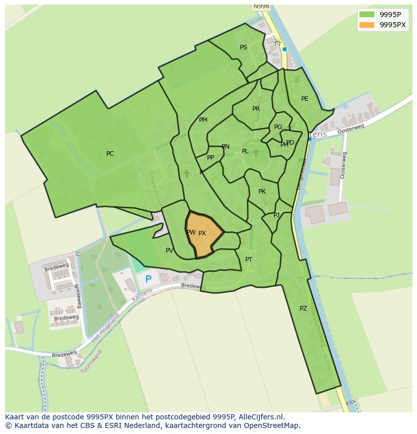 Afbeelding van het postcodegebied 9995 PX op de kaart.
