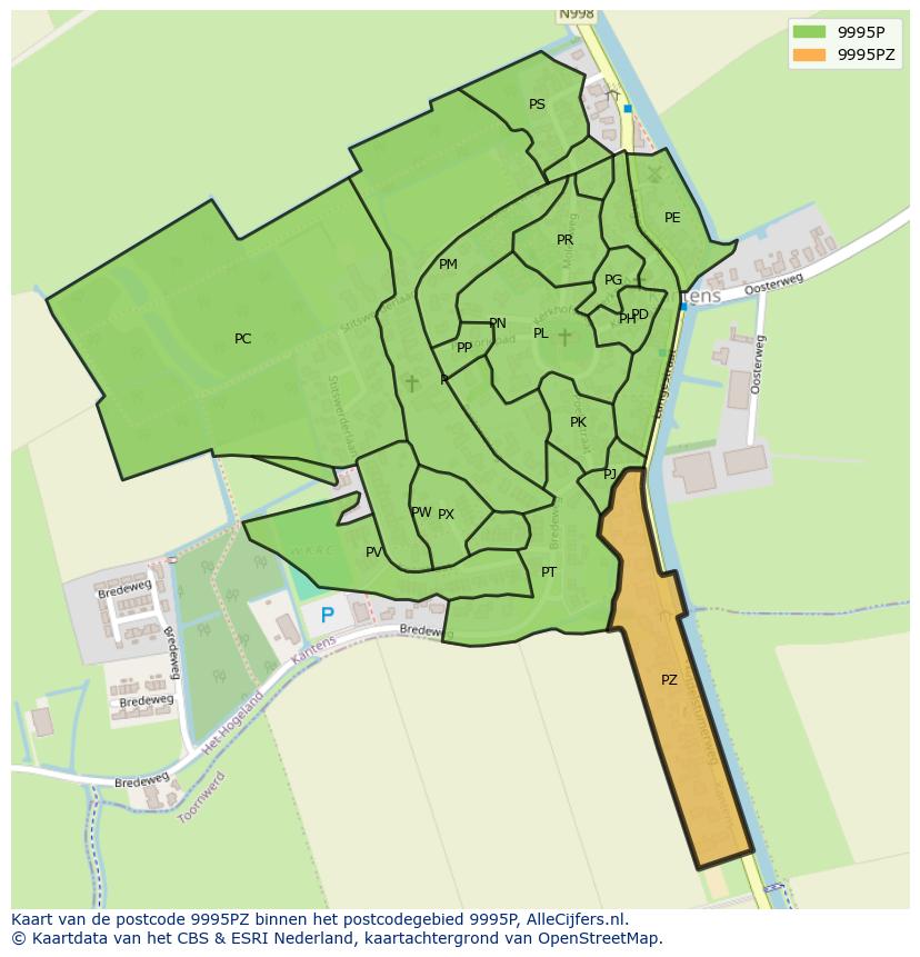 Afbeelding van het postcodegebied 9995 PZ op de kaart.
