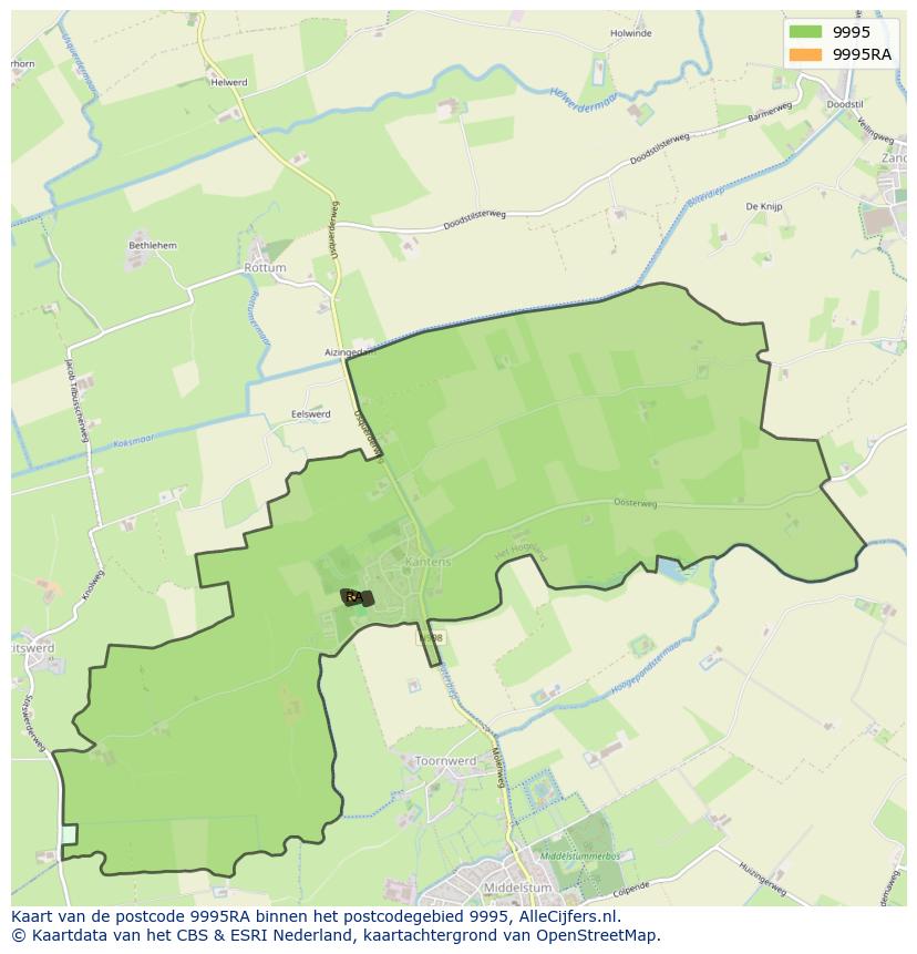 Afbeelding van het postcodegebied 9995 RA op de kaart.