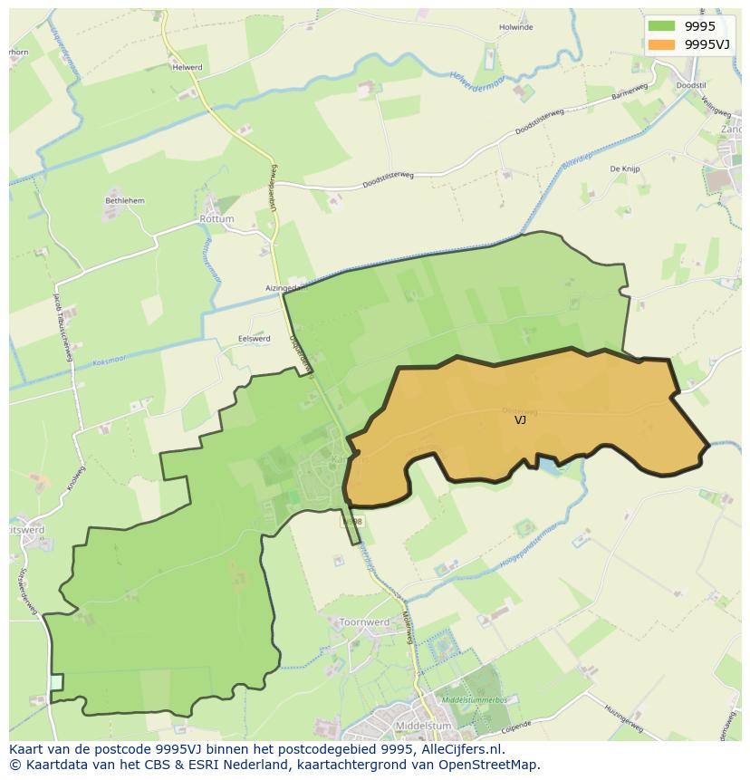 Afbeelding van het postcodegebied 9995 VJ op de kaart.