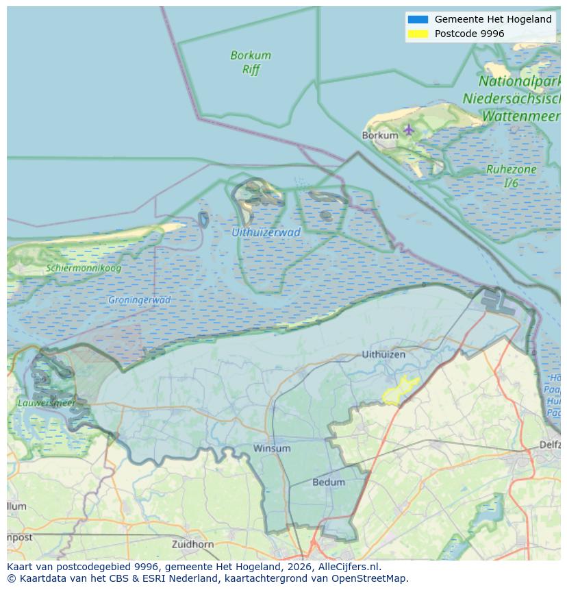 Afbeelding van het postcodegebied 9996 op de kaart.