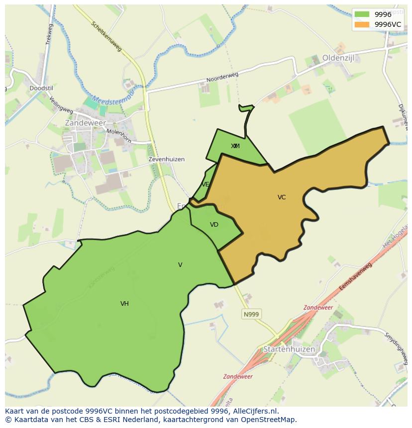 Afbeelding van het postcodegebied 9996 VC op de kaart.