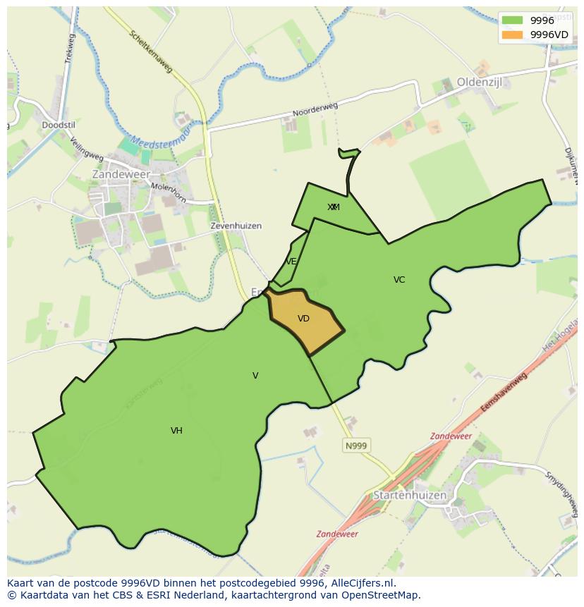 Afbeelding van het postcodegebied 9996 VD op de kaart.