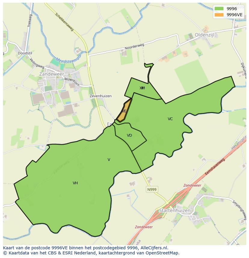 Afbeelding van het postcodegebied 9996 VE op de kaart.