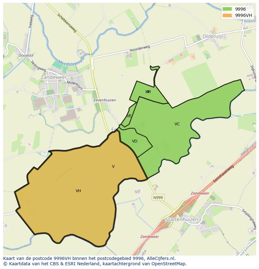 Afbeelding van het postcodegebied 9996 VH op de kaart.