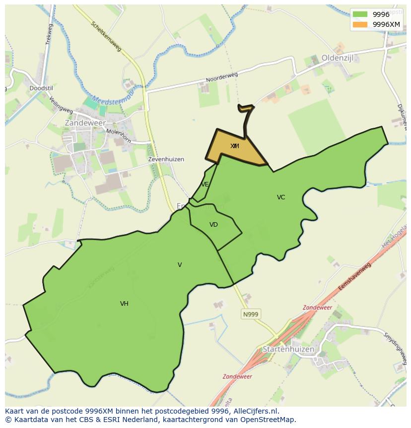 Afbeelding van het postcodegebied 9996 XM op de kaart.