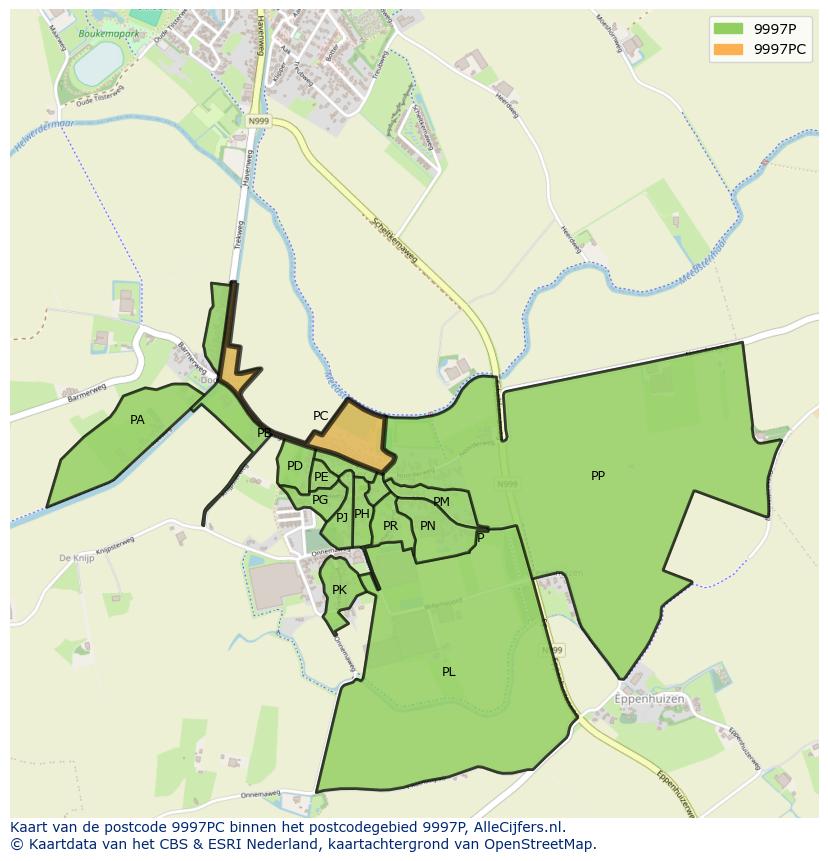 Afbeelding van het postcodegebied 9997 PC op de kaart.
