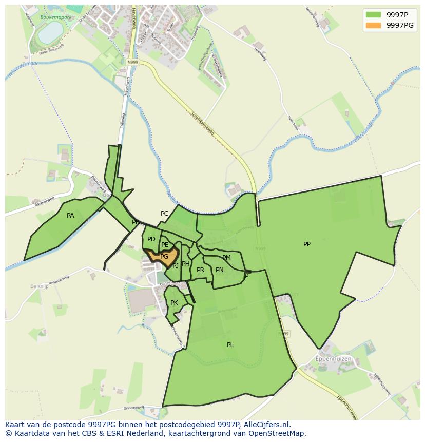 Afbeelding van het postcodegebied 9997 PG op de kaart.