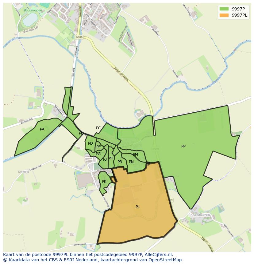 Afbeelding van het postcodegebied 9997 PL op de kaart.