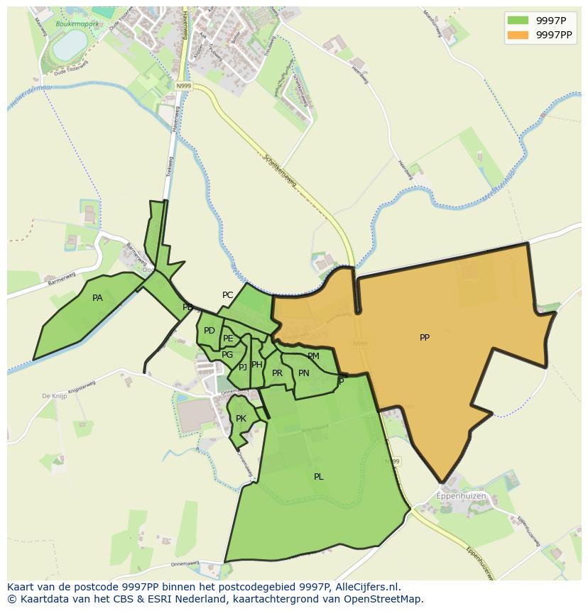 Afbeelding van het postcodegebied 9997 PP op de kaart.
