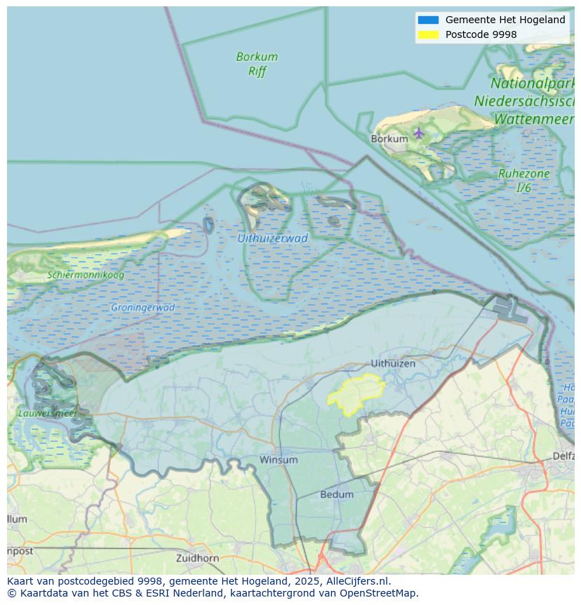 Afbeelding van het postcodegebied 9998 op de kaart.