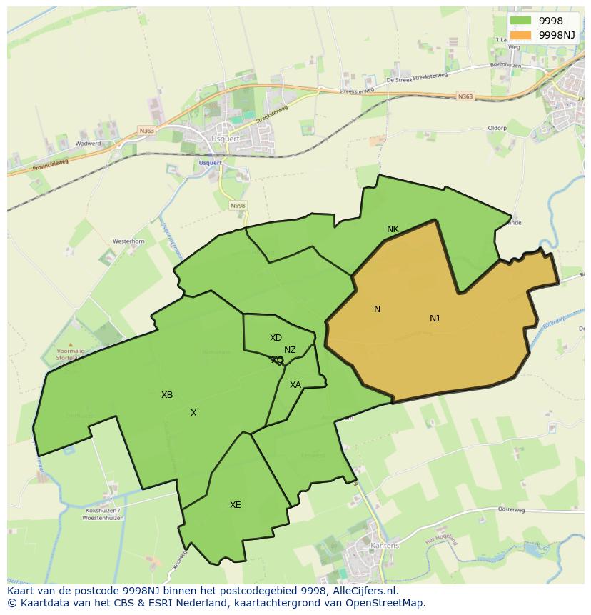 Afbeelding van het postcodegebied 9998 NJ op de kaart.
