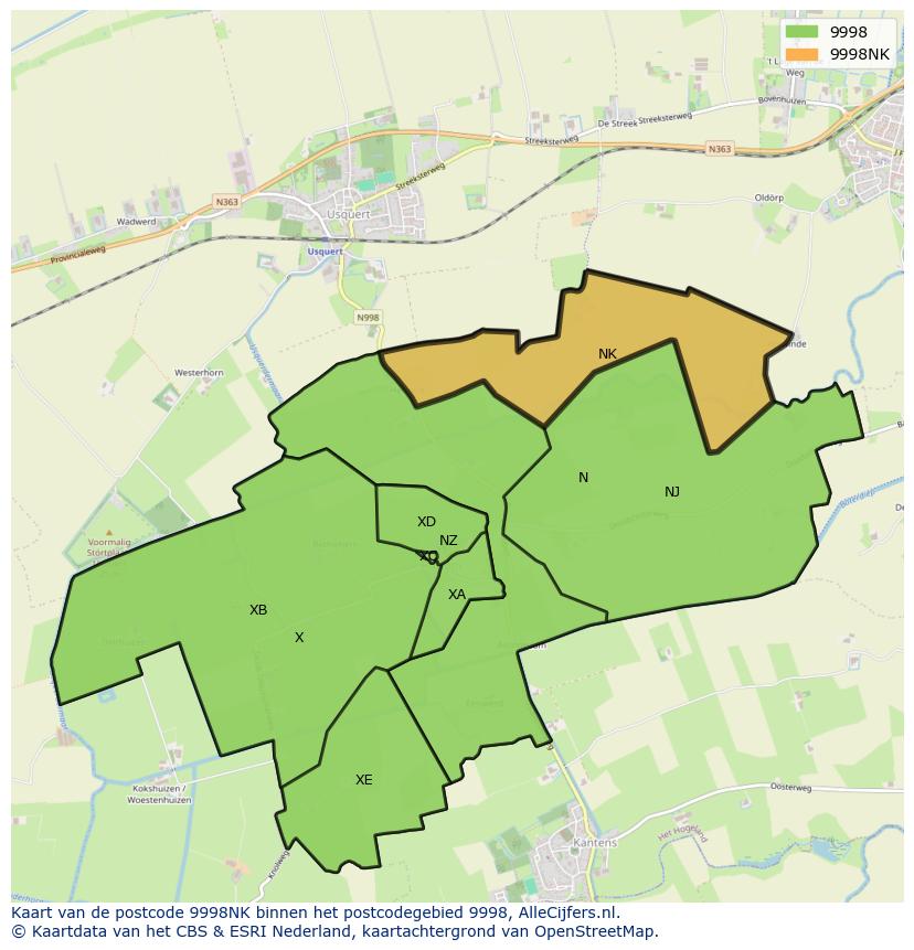 Afbeelding van het postcodegebied 9998 NK op de kaart.