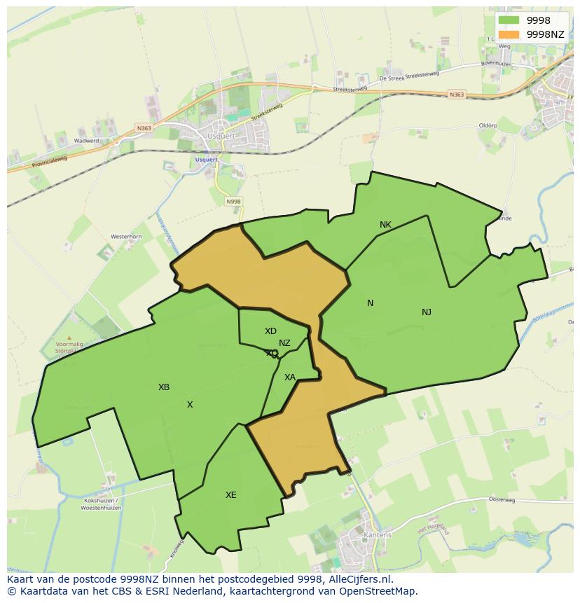 Afbeelding van het postcodegebied 9998 NZ op de kaart.