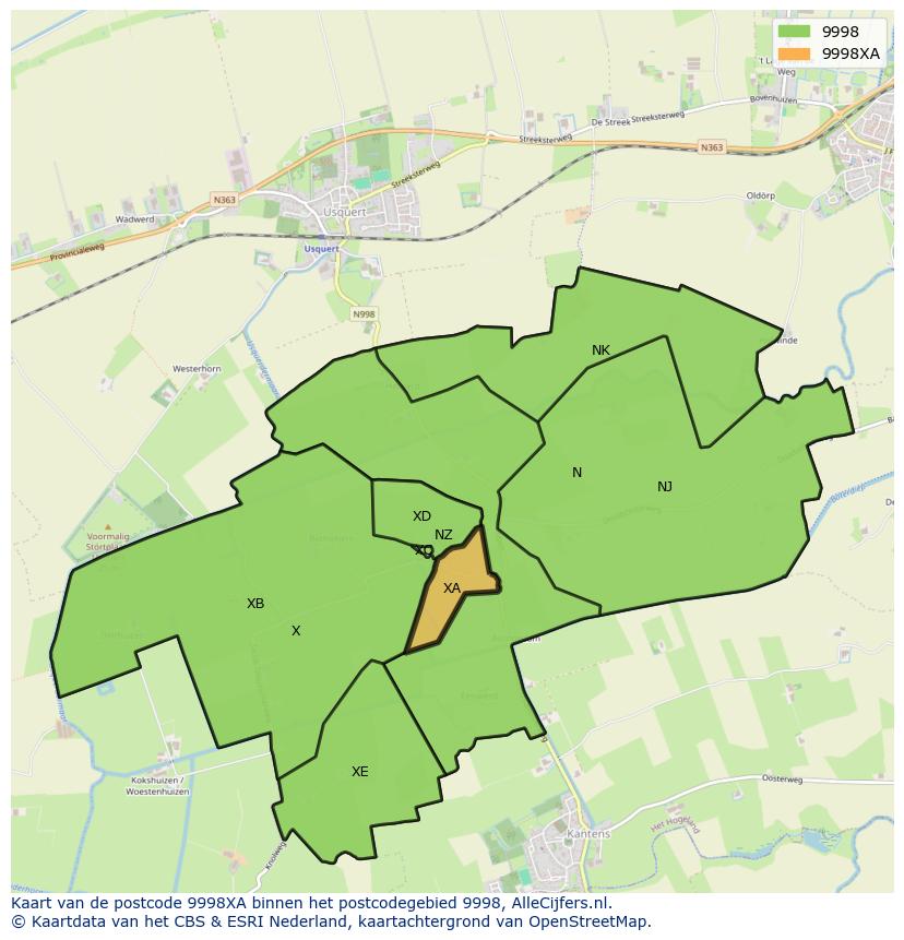 Afbeelding van het postcodegebied 9998 XA op de kaart.