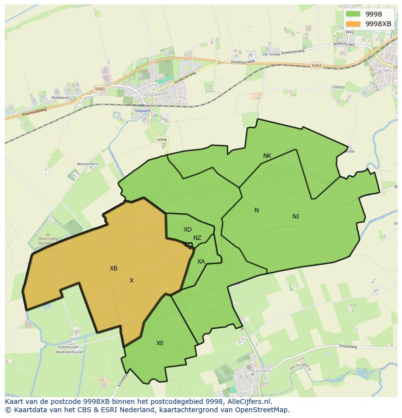 Afbeelding van het postcodegebied 9998 XB op de kaart.