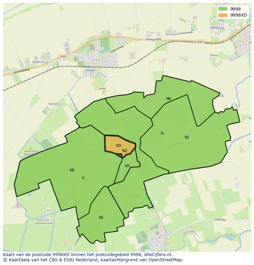 Afbeelding van het postcodegebied 9998 XD op de kaart.