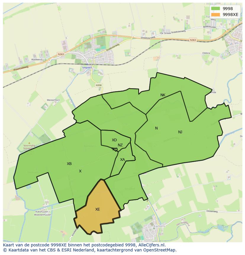Afbeelding van het postcodegebied 9998 XE op de kaart.