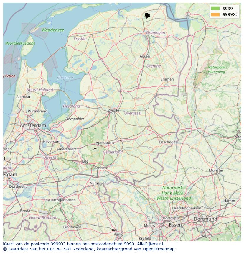 Afbeelding van het postcodegebied 9999 XJ op de kaart.