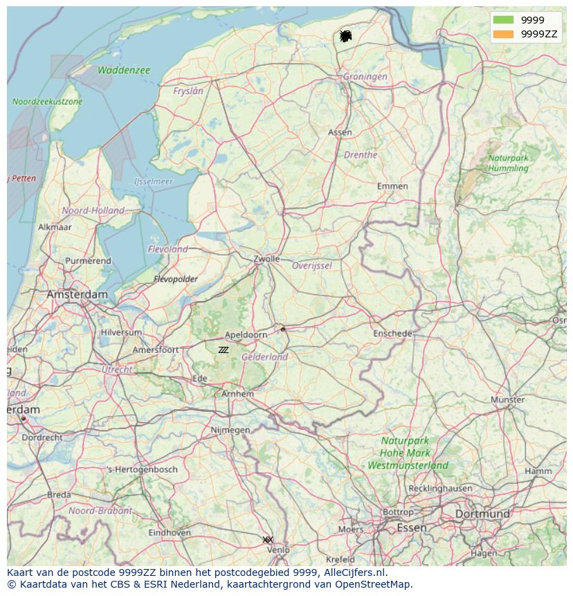 Afbeelding van het postcodegebied 9999 ZZ op de kaart.