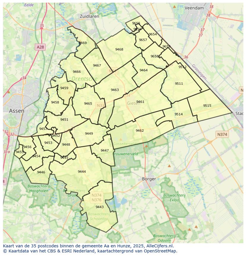 Afbeelding van de postcodes in de gemeente Aa en Hunze op de kaart.