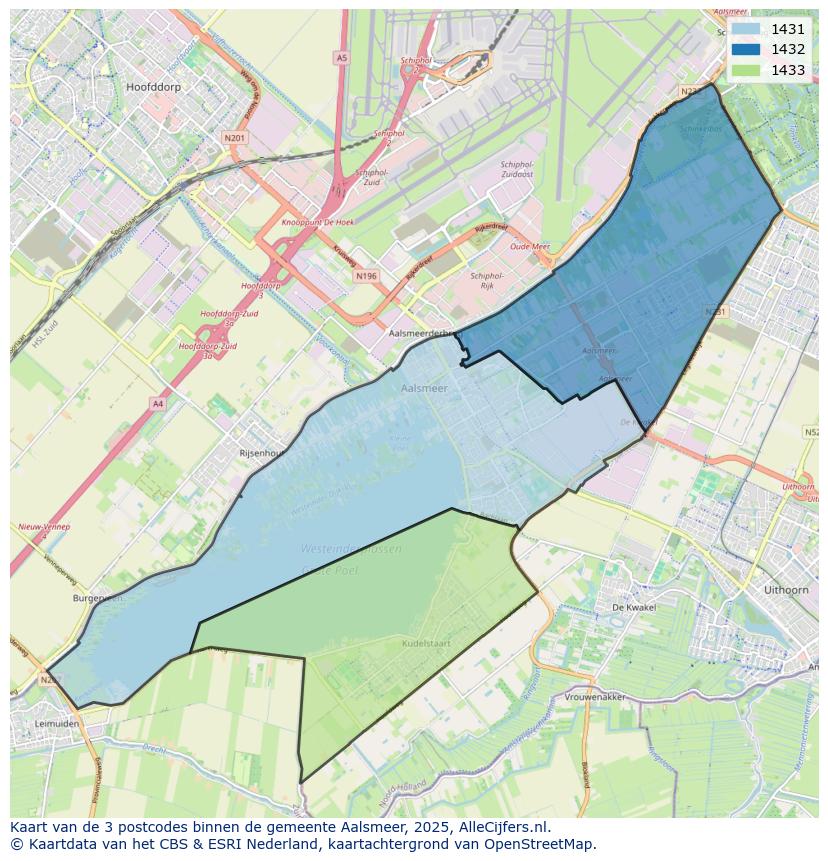 Afbeelding van de postcodes in de gemeente Aalsmeer op de kaart.