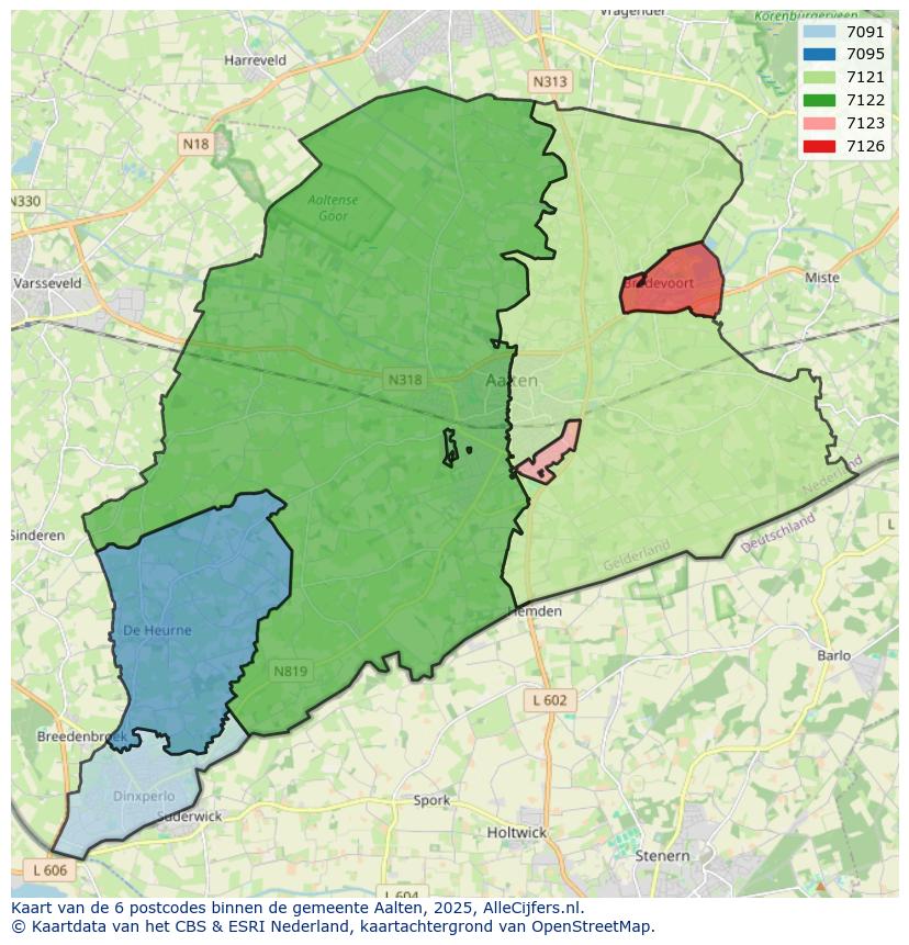 Afbeelding van de postcodes in de gemeente Aalten op de kaart.