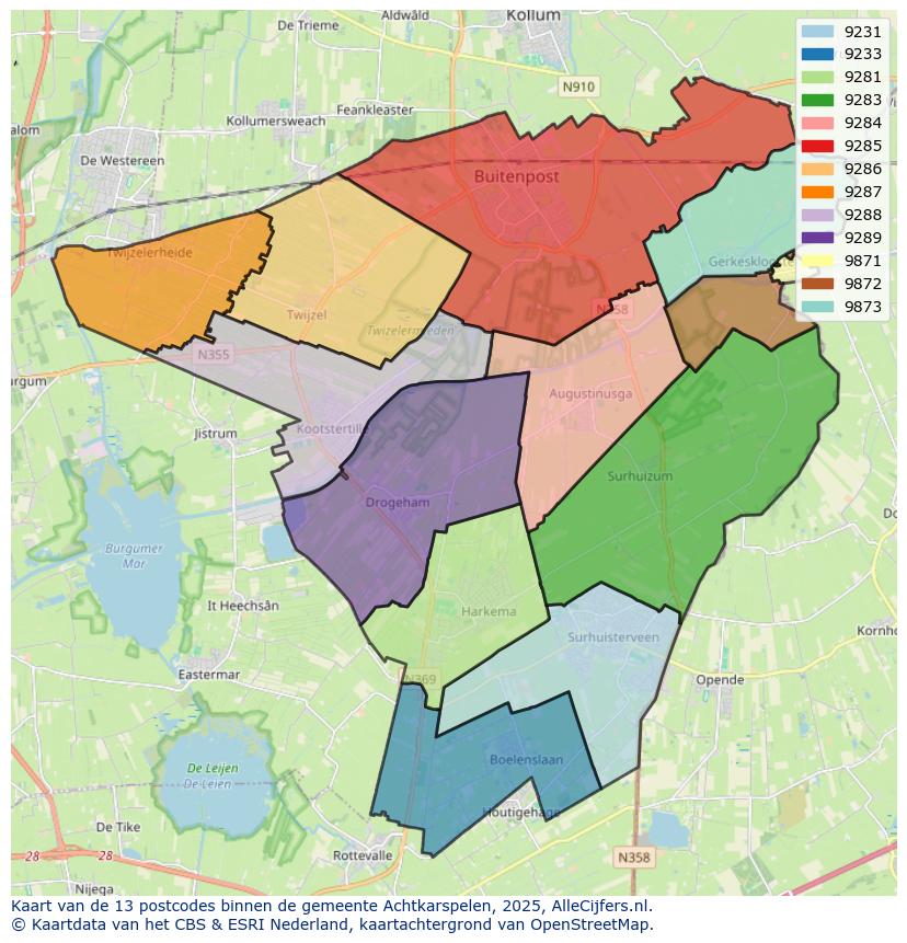 Afbeelding van de postcodes in de gemeente Achtkarspelen op de kaart.