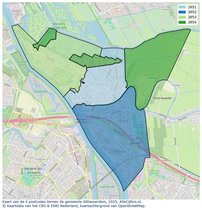 Afbeelding van de postcodes in de gemeente Alblasserdam op de kaart.