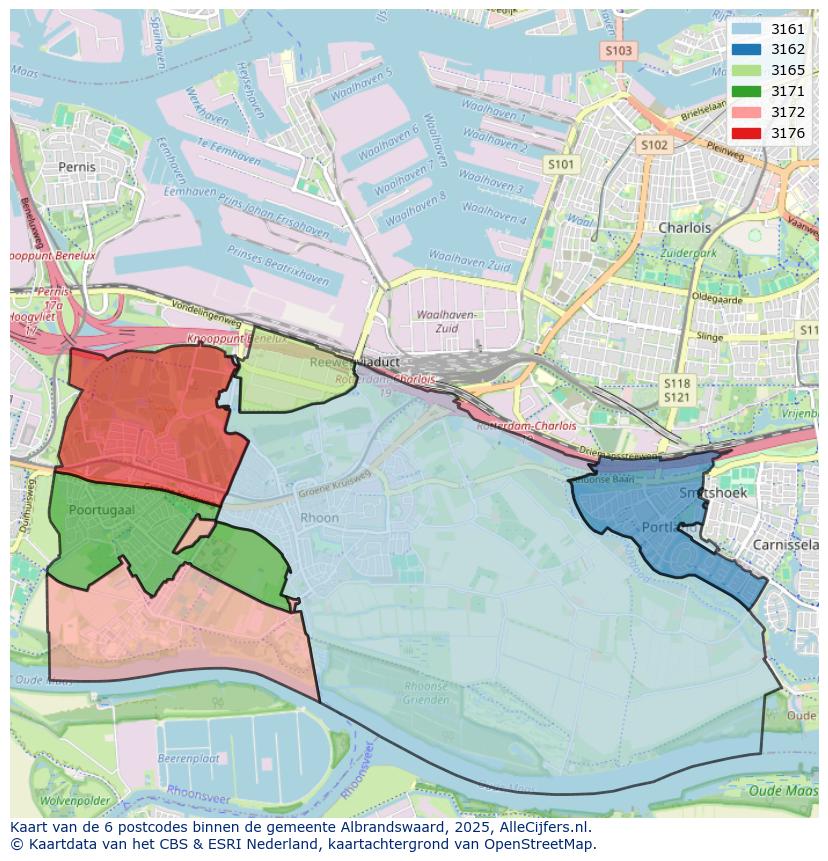 Afbeelding van de postcodes in de gemeente Albrandswaard op de kaart.