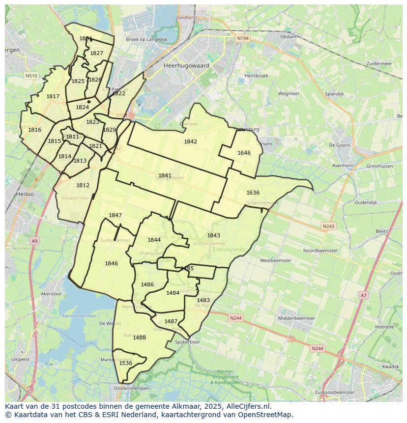Afbeelding van de postcodes in de gemeente Alkmaar op de kaart.