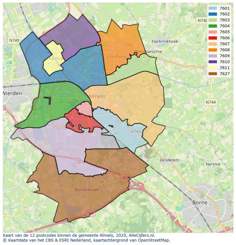 Afbeelding van de postcodes in de gemeente Almelo op de kaart.