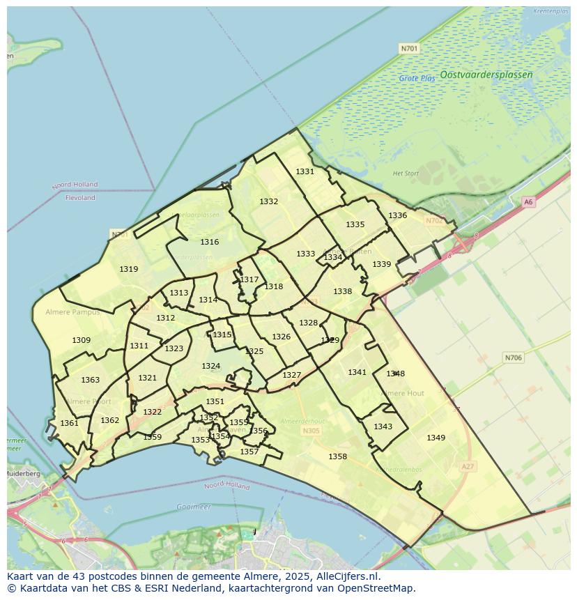 Afbeelding van de postcodes in de gemeente Almere op de kaart.