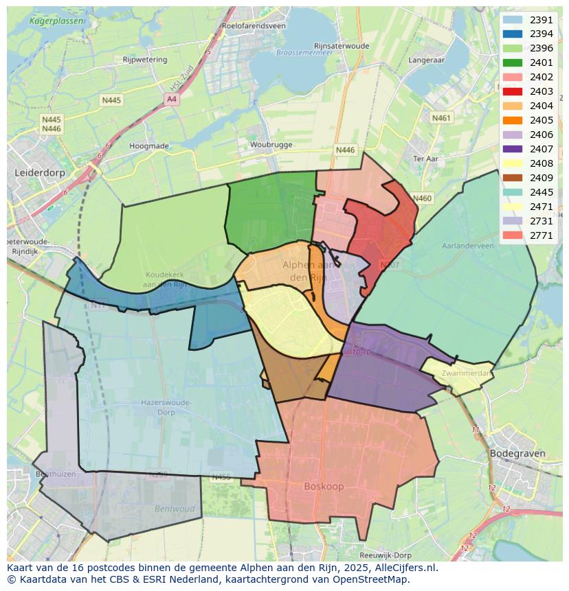 Afbeelding van de postcodes in de gemeente Alphen aan den Rijn op de kaart.
