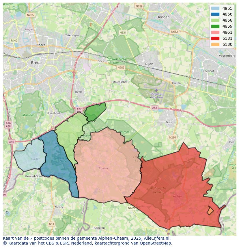 Afbeelding van de postcodes in de gemeente Alphen-Chaam op de kaart.