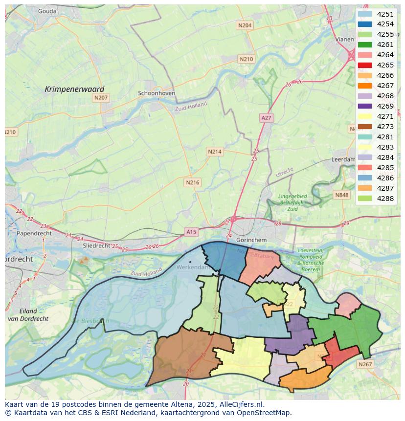 Afbeelding van de postcodes in de gemeente Altena op de kaart.