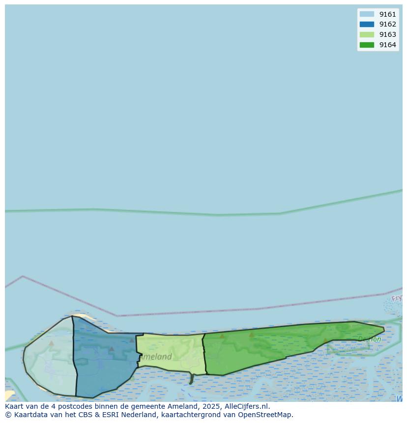 Afbeelding van de postcodes in de gemeente Ameland op de kaart.