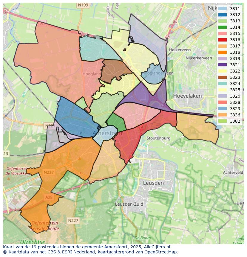 Afbeelding van de postcodes in de gemeente Amersfoort op de kaart.