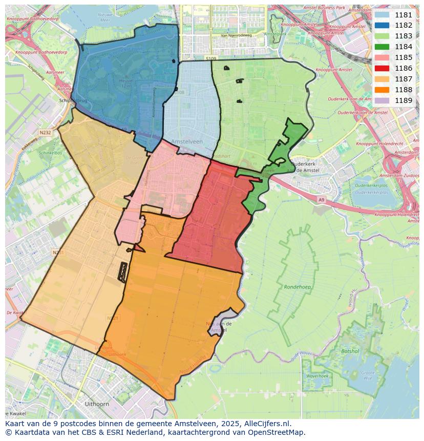 Afbeelding van de postcodes in de gemeente Amstelveen op de kaart.