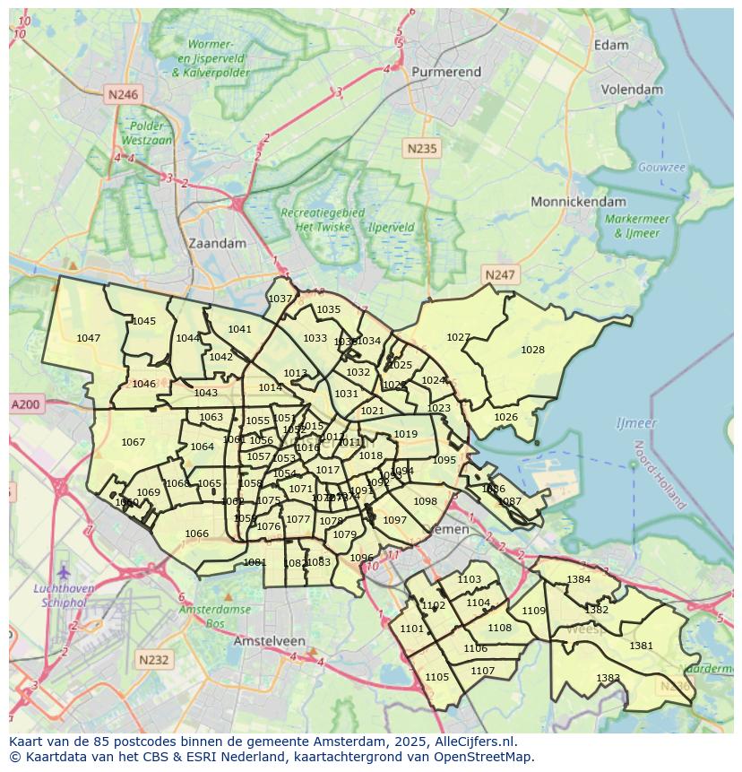 Afbeelding van de postcodes in de gemeente Amsterdam op de kaart.