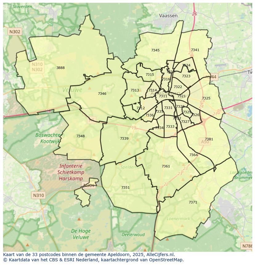 Afbeelding van de postcodes in de gemeente Apeldoorn op de kaart.