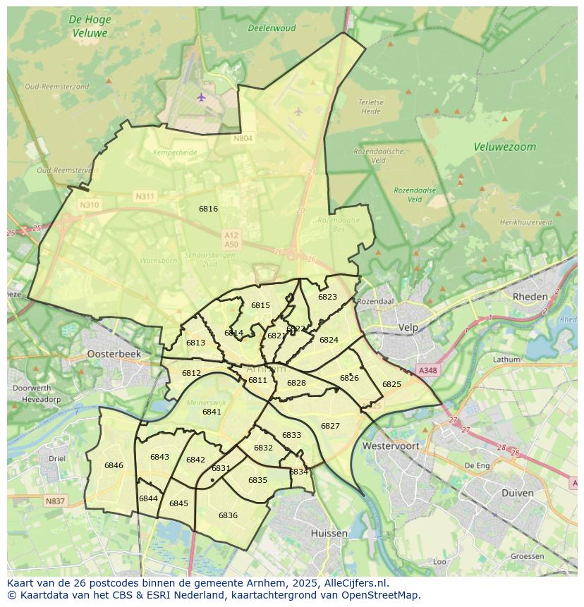 Afbeelding van de postcodes in de gemeente Arnhem op de kaart.