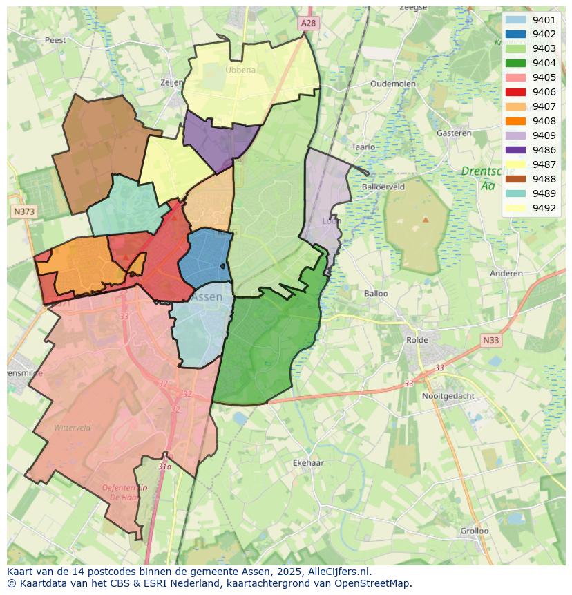 Afbeelding van de postcodes in de gemeente Assen op de kaart.
