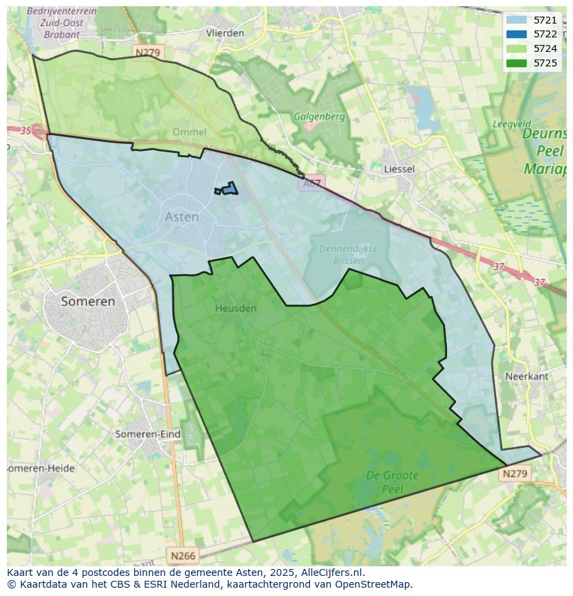 Afbeelding van de postcodes in de gemeente Asten op de kaart.