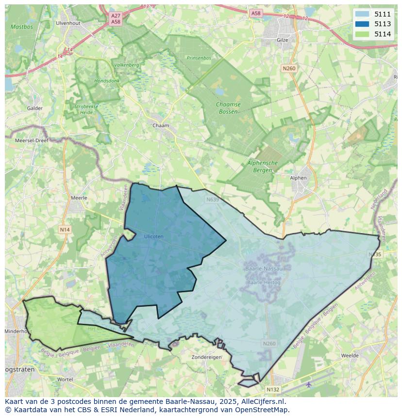 Afbeelding van de postcodes in de gemeente Baarle-Nassau op de kaart.