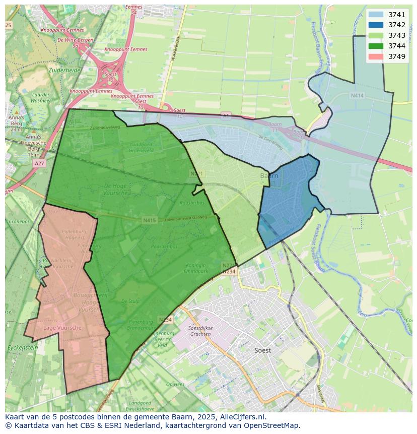 Afbeelding van de postcodes in de gemeente Baarn op de kaart.